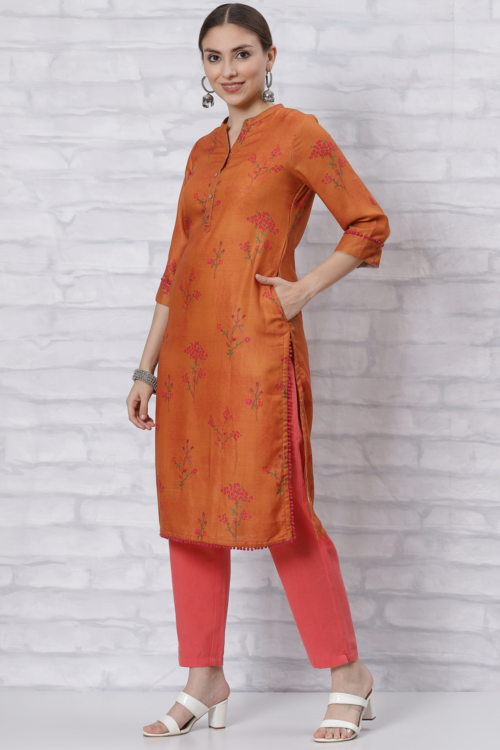 Orange Poly Cotton Straight Kurta image number 2